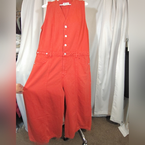 Madewell Denim - Madewell Crop Denim Overalls, Women Orange, Sleeveless, Pockets, Wide Leg, 14
